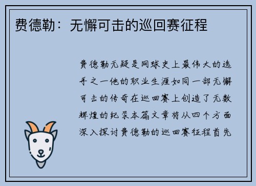 费德勒：无懈可击的巡回赛征程